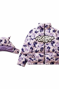 Y2K Grunge Camo Devil Puffer Jacket - Retro 90s Fashion, Summer Y2K Outfits, Gothic Y2K Style