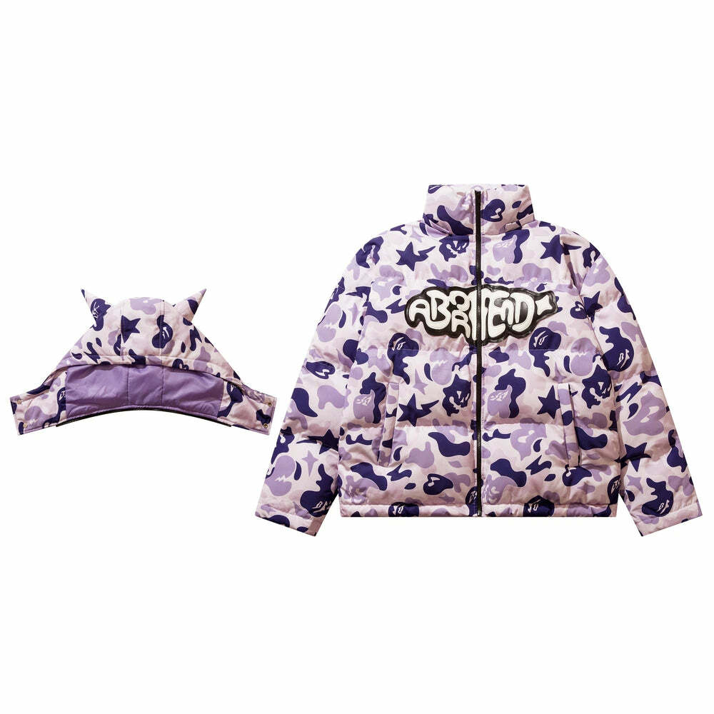 Y2K Grunge Camo Devil Puffer Jacket - Retro 90s Fashion, Summer Y2K Outfits, Gothic Y2K Style