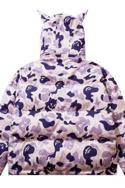 Y2K Grunge Camo Devil Puffer Jacket - Retro 90s Fashion, Summer Y2K Outfits, Gothic Y2K Style