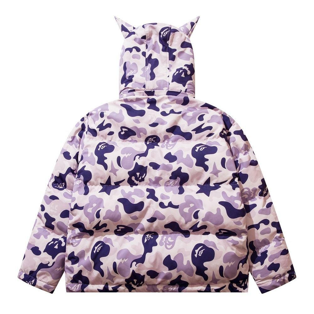 Y2K Grunge Camo Devil Puffer Jacket - Retro 90s Fashion, Summer Y2K Outfits, Gothic Y2K Style