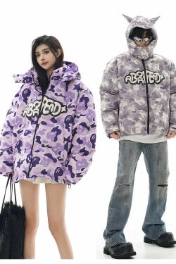 Y2K Grunge Camo Devil Puffer Jacket - Retro 90s Fashion, Summer Y2K Outfits, Gothic Y2K Style