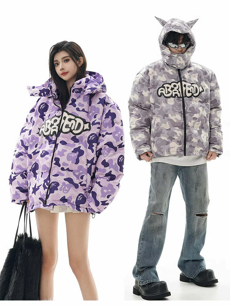 Y2K Grunge Camo Devil Puffer Jacket - Retro 90s Fashion, Summer Y2K Outfits, Gothic Y2K Style