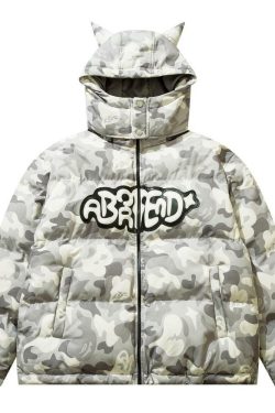 Y2K Grunge Camo Devil Puffer Jacket - Retro 90s Fashion, Summer Y2K Outfits, Gothic Y2K Style