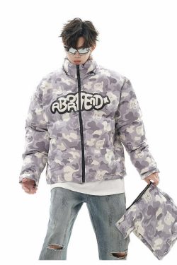 Y2K Grunge Camo Devil Puffer Jacket - Retro 90s Fashion, Summer Y2K Outfits, Gothic Y2K Style