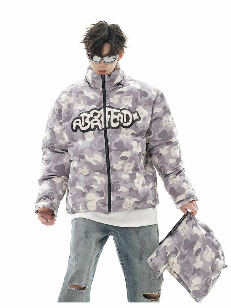 Y2K Grunge Camo Devil Puffer Jacket - Retro 90s Fashion, Summer Y2K Outfits, Gothic Y2K Style