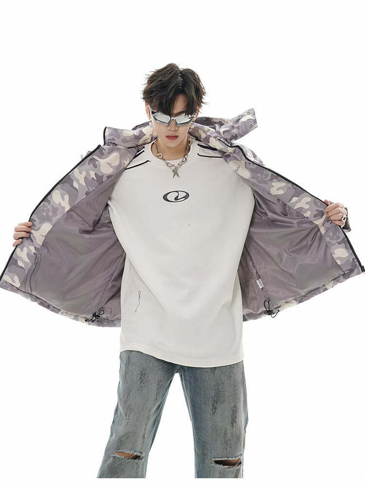 Y2K Grunge Camo Devil Puffer Jacket - Retro 90s Fashion, Summer Y2K Outfits, Gothic Y2K Style