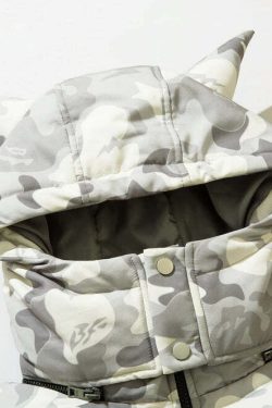 Y2K Grunge Camo Devil Puffer Jacket - Retro 90s Fashion, Summer Y2K Outfits, Gothic Y2K Style