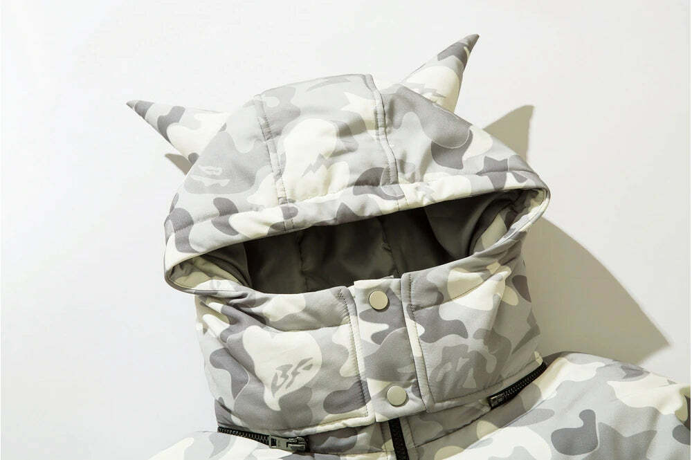 Y2K Grunge Camo Devil Puffer Jacket - Retro 90s Fashion, Summer Y2K Outfits, Gothic Y2K Style