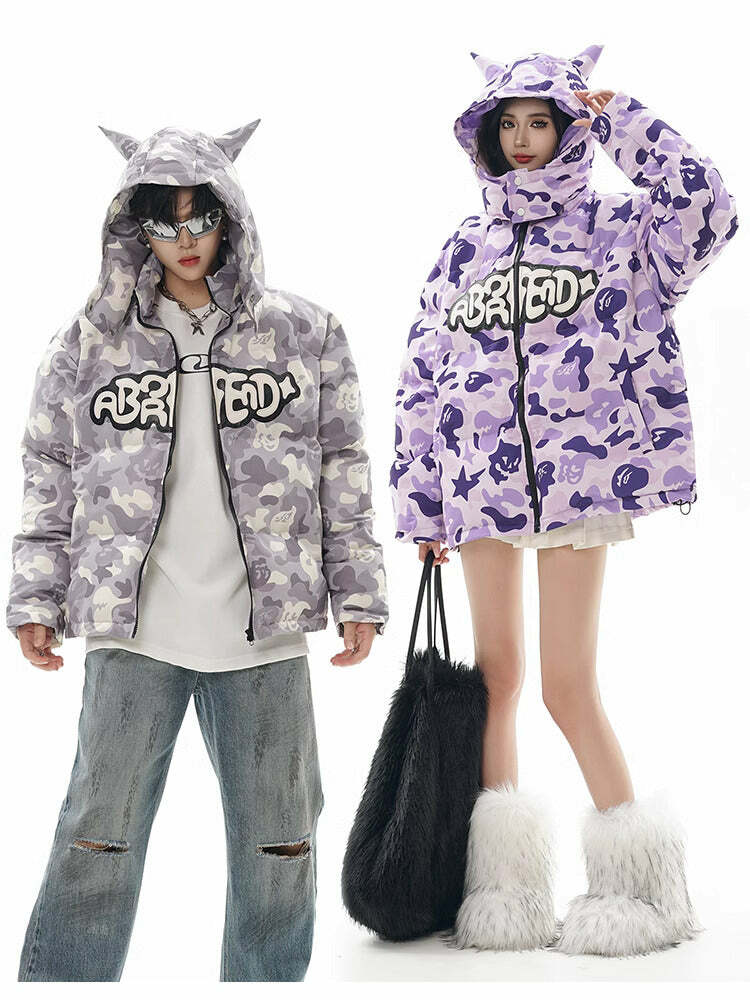 Y2K Grunge Camo Devil Puffer Jacket - Retro 90s Fashion, Summer Y2K Outfits, Gothic Y2K Style