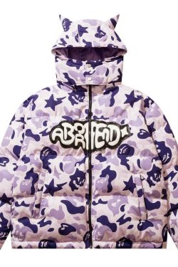 Y2K Grunge Camo Devil Puffer Jacket - Retro 90s Fashion, Summer Y2K Outfits, Gothic Y2K Style