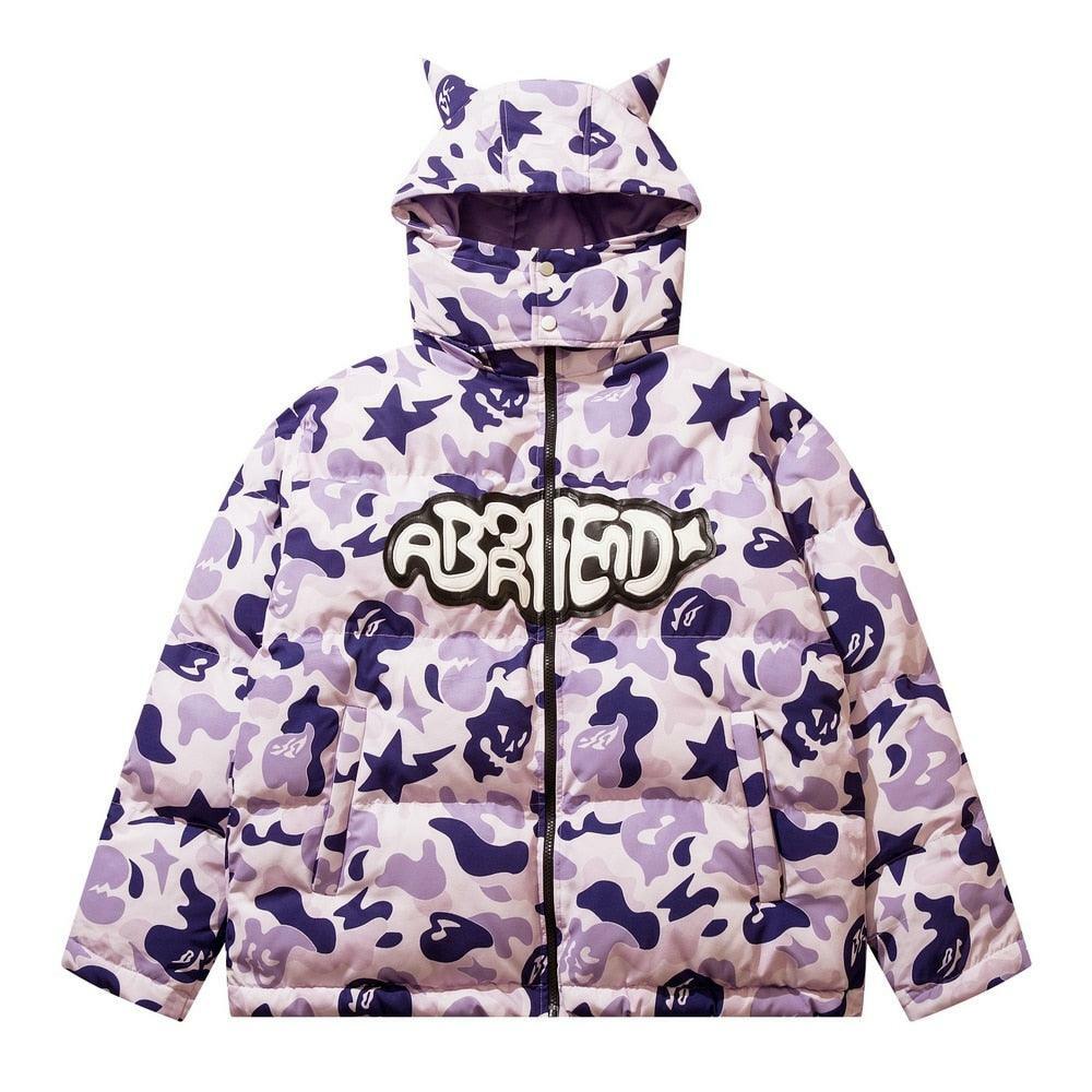 Y2K Grunge Camo Devil Puffer Jacket - Retro 90s Fashion, Summer Y2K Outfits, Gothic Y2K Style