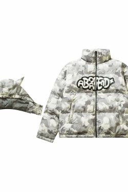 Y2K Grunge Camo Devil Puffer Jacket - Retro 90s Fashion, Summer Y2K Outfits, Gothic Y2K Style