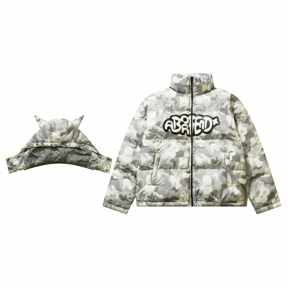Y2K Grunge Camo Devil Puffer Jacket - Retro 90s Fashion, Summer Y2K Outfits, Gothic Y2K Style