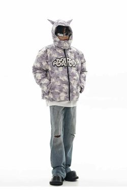 Y2K Grunge Camo Devil Puffer Jacket - Retro 90s Fashion, Summer Y2K Outfits, Gothic Y2K Style