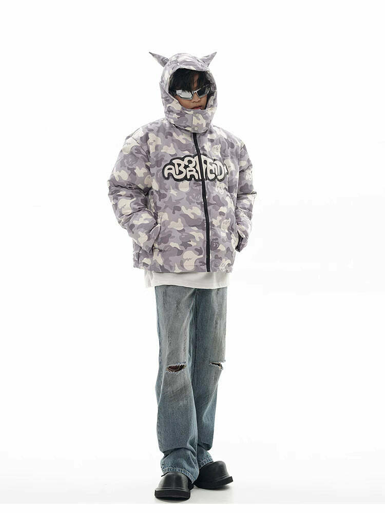 Y2K Grunge Camo Devil Puffer Jacket - Retro 90s Fashion, Summer Y2K Outfits, Gothic Y2K Style