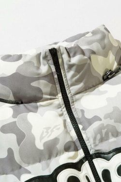 Y2K Grunge Camo Devil Puffer Jacket - Retro 90s Fashion, Summer Y2K Outfits, Gothic Y2K Style