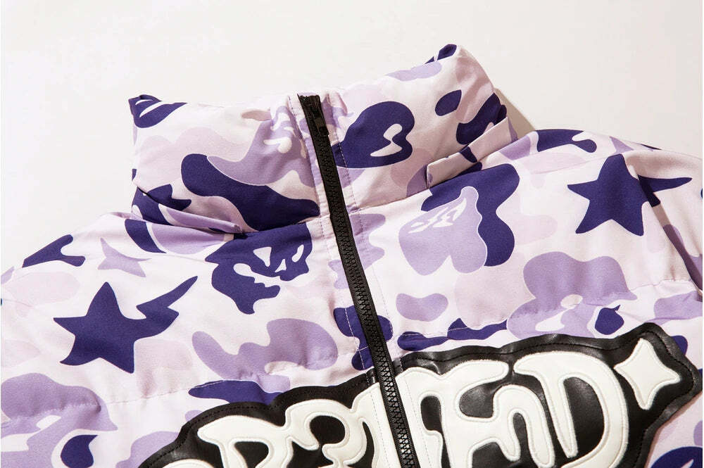 Y2K Grunge Camo Devil Puffer Jacket - Retro 90s Fashion, Summer Y2K Outfits, Gothic Y2K Style