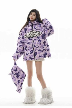 Y2K Grunge Camo Devil Puffer Jacket - Retro 90s Fashion, Summer Y2K Outfits, Gothic Y2K Style