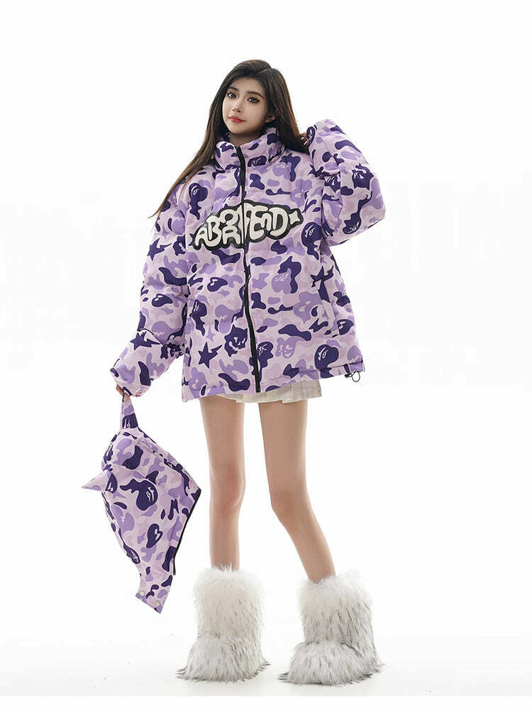 Y2K Grunge Camo Devil Puffer Jacket - Retro 90s Fashion, Summer Y2K Outfits, Gothic Y2K Style