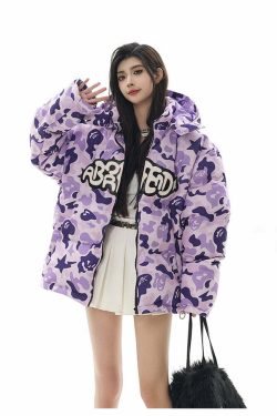 Y2K Grunge Camo Devil Puffer Jacket - Retro 90s Fashion, Summer Y2K Outfits, Gothic Y2K Style