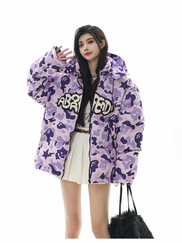 Y2K Grunge Camo Devil Puffer Jacket - Retro 90s Fashion, Summer Y2K Outfits, Gothic Y2K Style