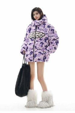Y2K Grunge Camo Devil Puffer Jacket - Retro 90s Fashion, Summer Y2K Outfits, Gothic Y2K Style