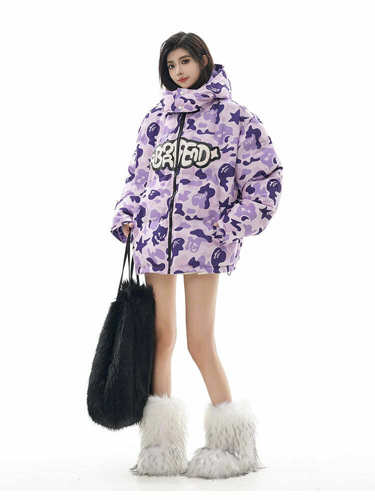 Y2K Grunge Camo Devil Puffer Jacket - Retro 90s Fashion, Summer Y2K Outfits, Gothic Y2K Style