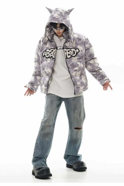 Y2K Grunge Camo Devil Puffer Jacket - Retro 90s Fashion, Summer Y2K Outfits, Gothic Y2K Style