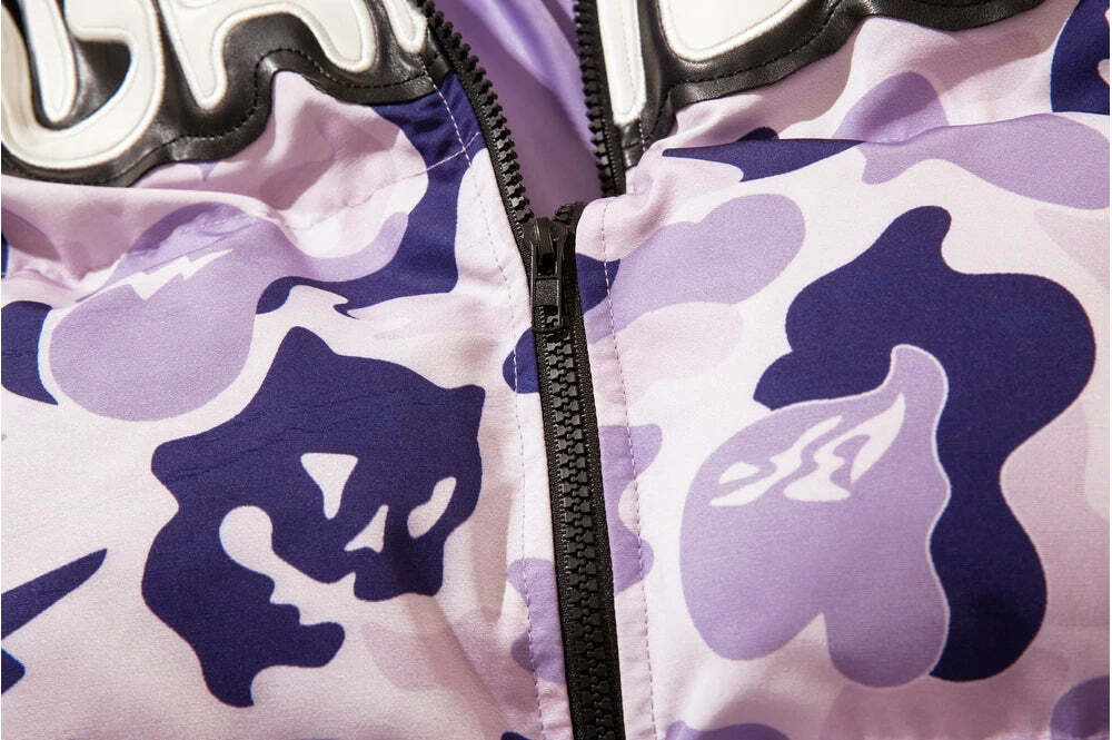 Y2K Grunge Camo Devil Puffer Jacket - Retro 90s Fashion, Summer Y2K Outfits, Gothic Y2K Style