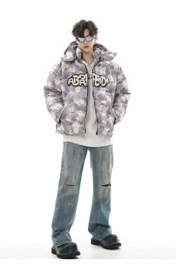Y2K Grunge Camo Devil Puffer Jacket - Retro 90s Fashion, Summer Y2K Outfits, Gothic Y2K Style