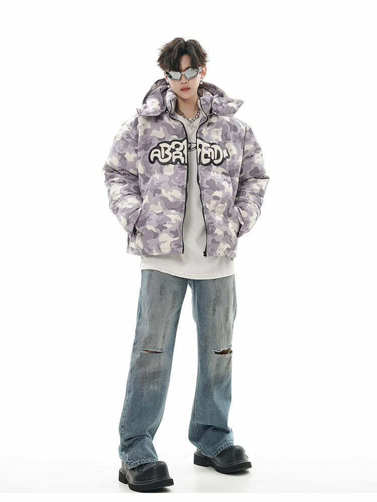 Y2K Grunge Camo Devil Puffer Jacket - Retro 90s Fashion, Summer Y2K Outfits, Gothic Y2K Style