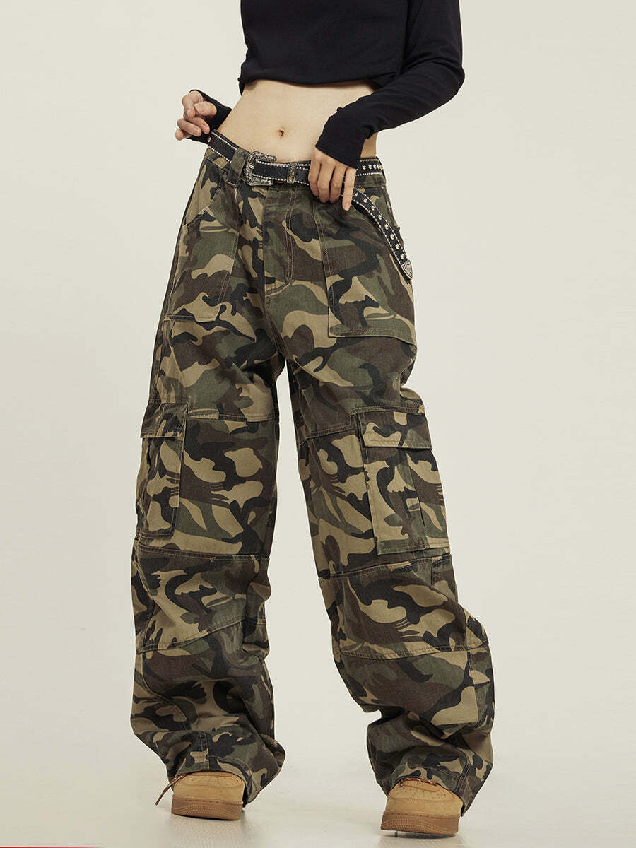 Y2K Grunge Camo Pants - Retro 90s Fashion, Summer Y2K Outfits, Gothic Y2K Style