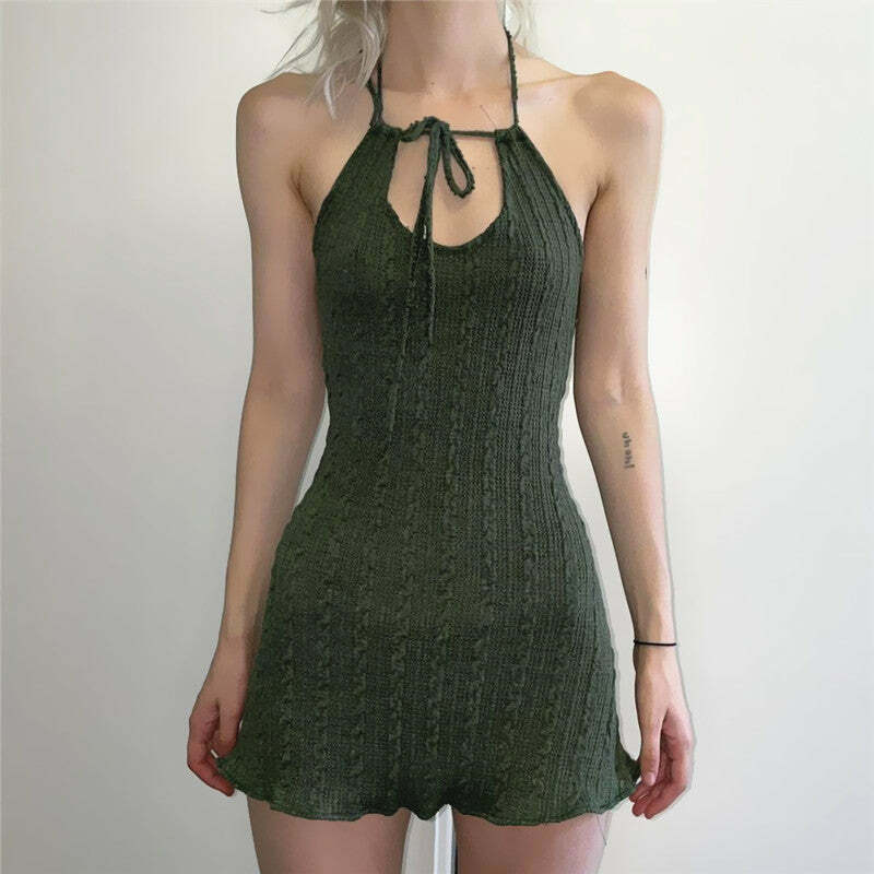 Y2K Grunge Carmel Knit Mini Dress - Retro 90s Summer Outfit, Pastel Goth, Y2K Party Look