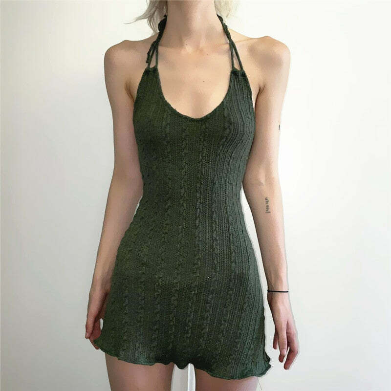 Y2K Grunge Carmel Knit Mini Dress - Retro 90s Summer Outfit, Pastel Goth, Y2K Party Look