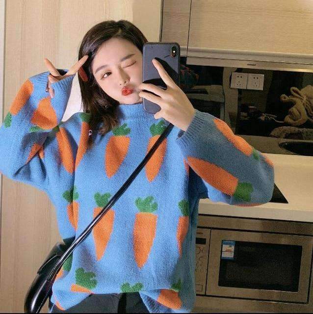 Y2K Grunge Carrot Sweater - Retro 90s Fashion, Summer Y2K Outfits, Pastel Goth Style