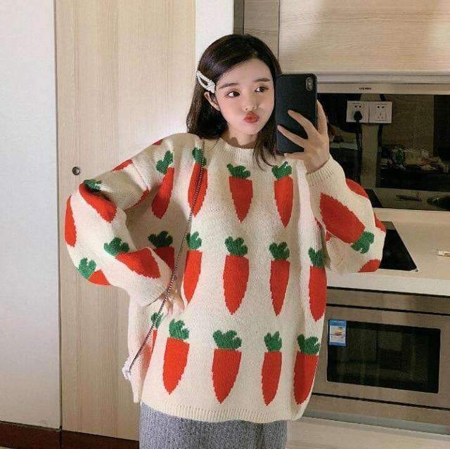Y2K Grunge Carrot Sweater - Retro 90s Fashion, Summer Y2K Outfits, Pastel Goth Style