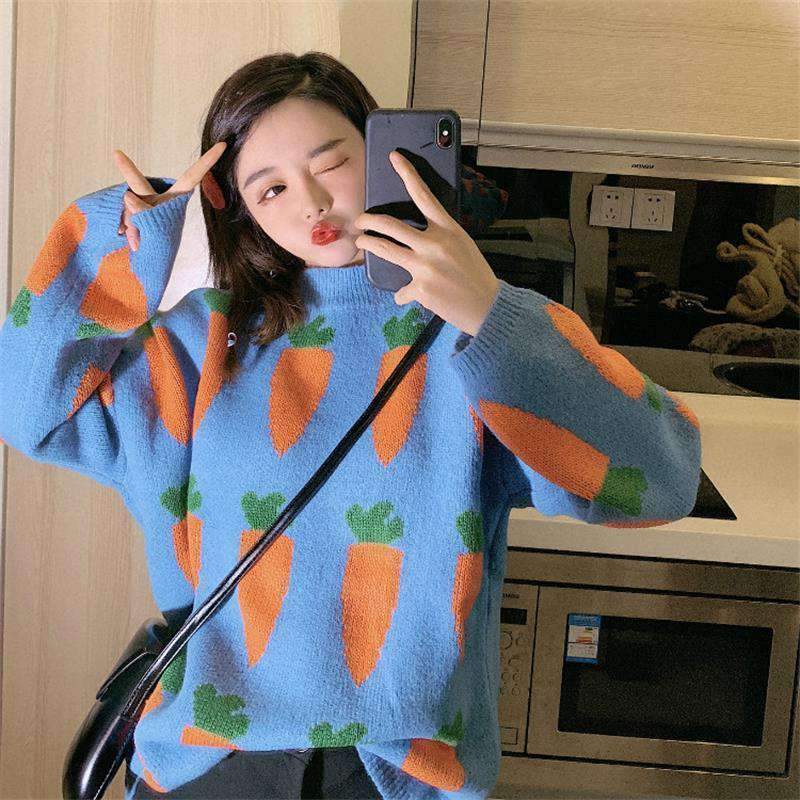 Y2K Grunge Carrot Sweater - Retro 90s Fashion, Summer Y2K Outfits, Pastel Goth Style