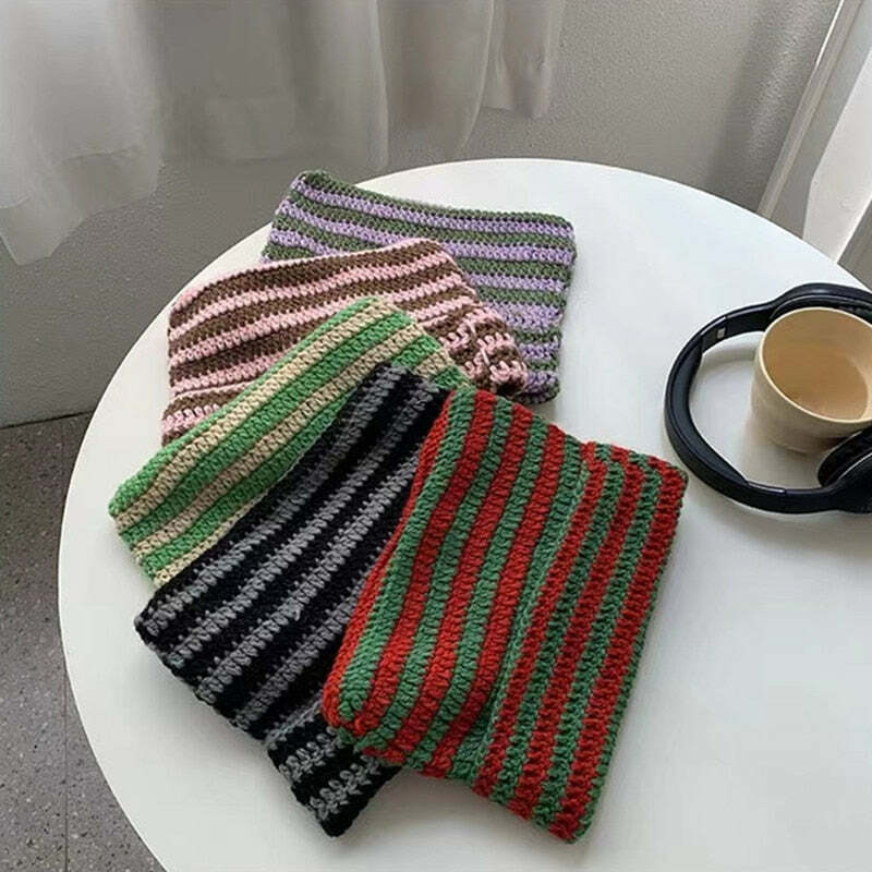 Y2K Grunge Cat Ears Striped Knitted Beanie - 90s Fashion, Retro Style, Y2K Outfits