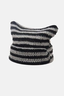 Y2K Grunge Cat Ears Striped Knitted Beanie - 90s Fashion, Retro Style, Y2K Outfits