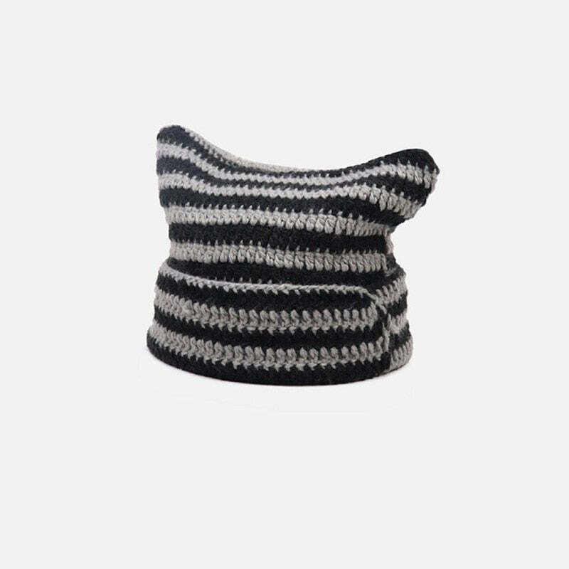 Y2K Grunge Cat Ears Striped Knitted Beanie - 90s Fashion, Retro Style, Y2K Outfits