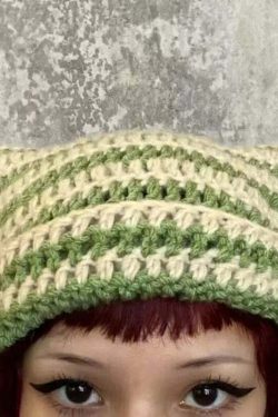 Y2K Grunge Cat Ears Striped Knitted Beanie - 90s Fashion, Retro Style, Y2K Outfits