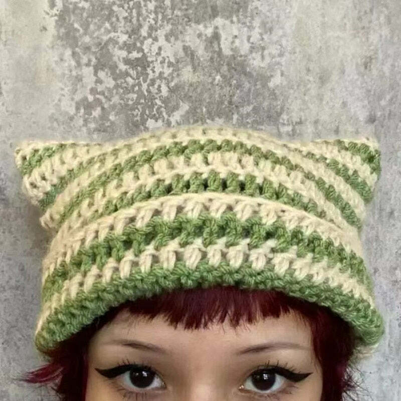 Y2K Grunge Cat Ears Striped Knitted Beanie - 90s Fashion, Retro Style, Y2K Outfits