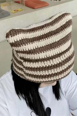 Y2K Grunge Cat Ears Striped Knitted Beanie - 90s Fashion, Retro Style, Y2K Outfits
