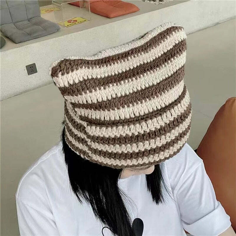 Y2K Grunge Cat Ears Striped Knitted Beanie - 90s Fashion, Retro Style, Y2K Outfits