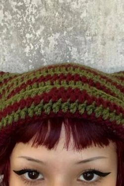 Y2K Grunge Cat Ears Striped Knitted Beanie - 90s Fashion, Retro Style, Y2K Outfits