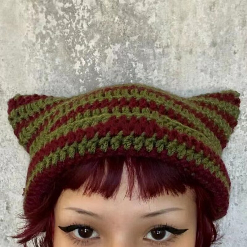 Y2K Grunge Cat Ears Striped Knitted Beanie - 90s Fashion, Retro Style, Y2K Outfits