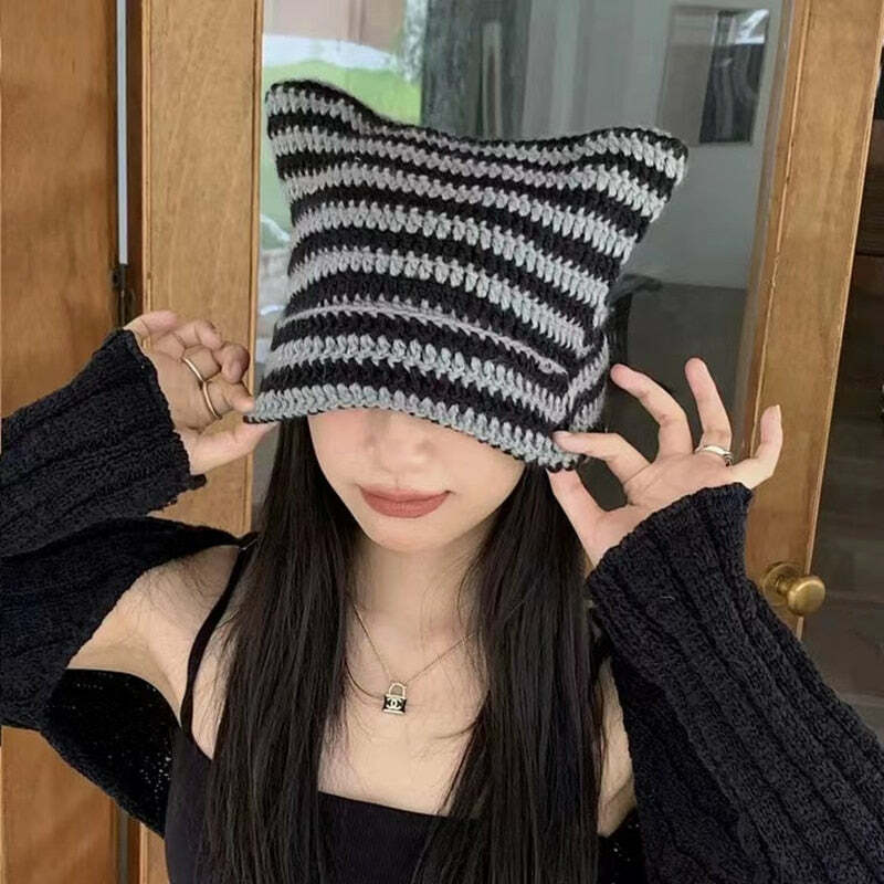 Y2K Grunge Cat Ears Striped Knitted Beanie - 90s Fashion, Retro Style, Y2K Outfits