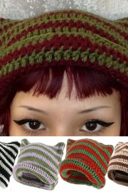 Y2K Grunge Cat Ears Striped Knitted Beanie - 90s Fashion, Retro Style, Y2K Outfits
