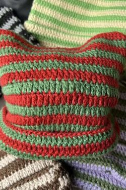 Y2K Grunge Cat Ears Striped Knitted Beanie - 90s Fashion, Retro Style, Y2K Outfits