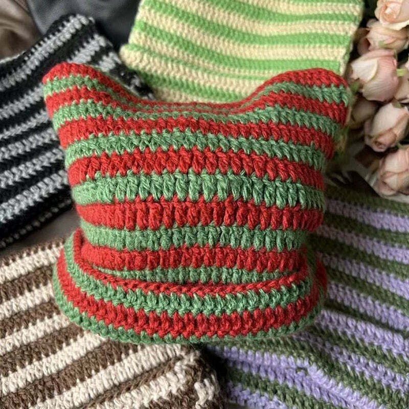Y2K Grunge Cat Ears Striped Knitted Beanie - 90s Fashion, Retro Style, Y2K Outfits